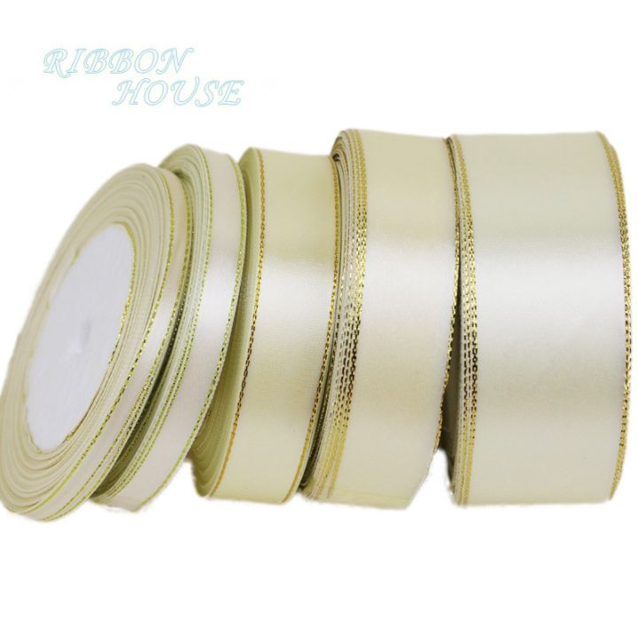 (25 yards/lot) Cream White Gold Edge Ribbon high quality satin ribbons gift packaging ribbons