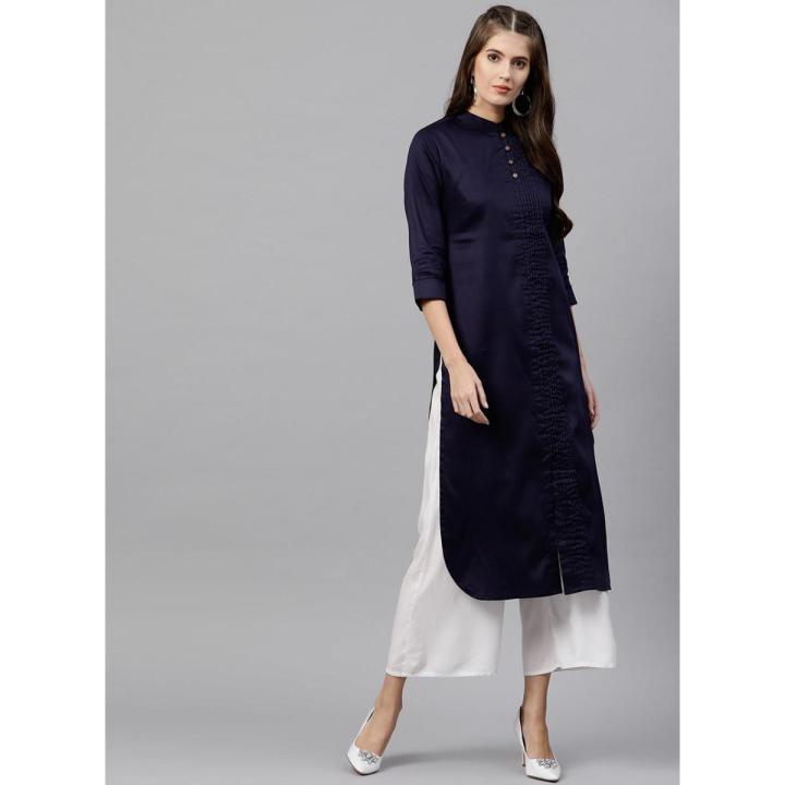 Navy Blue Linen Kurti for Women - (Tailor Made)