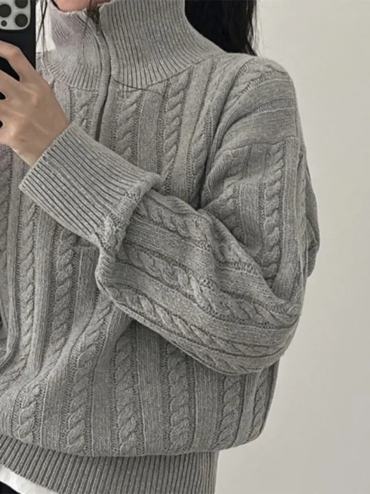 Women%20Autumn%20New%20Solid%20Color%20Sweater%202022%20New%20Half%20High%20Collar%20Knit%20Pullover%20Baggy%20Long%20Sleeve%20Zipper%20Lady%20Knitwear%20BF%20Oversize%20-%20Image%204