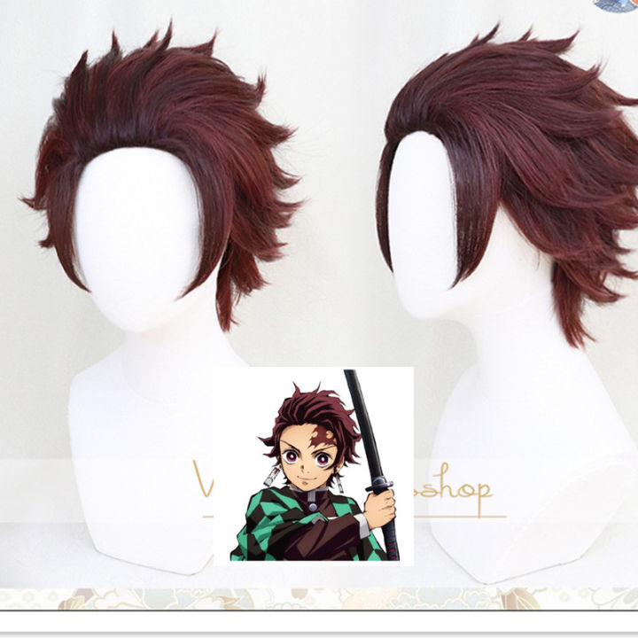 Demon Slayer: Kimetsu no Yaiba Tanjiro Kamado Short Chestnut Brown Heat Resistant Hair Cosplay Anime Wig + Wig Cap