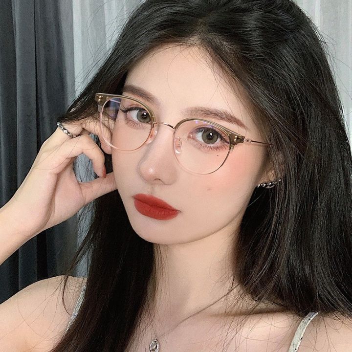 Retro Sven Cat Ear Half-Rim Glasses Female Myopia Degree Fit for Lenses round Frame Plain Face Eyeglass Frame