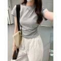 European and American Solid Color Shoulder T T-shirt Short-Sleeved Women's Summer Slim-Fit Chic Short Waist Easy Matching Waisted Gray Top.
