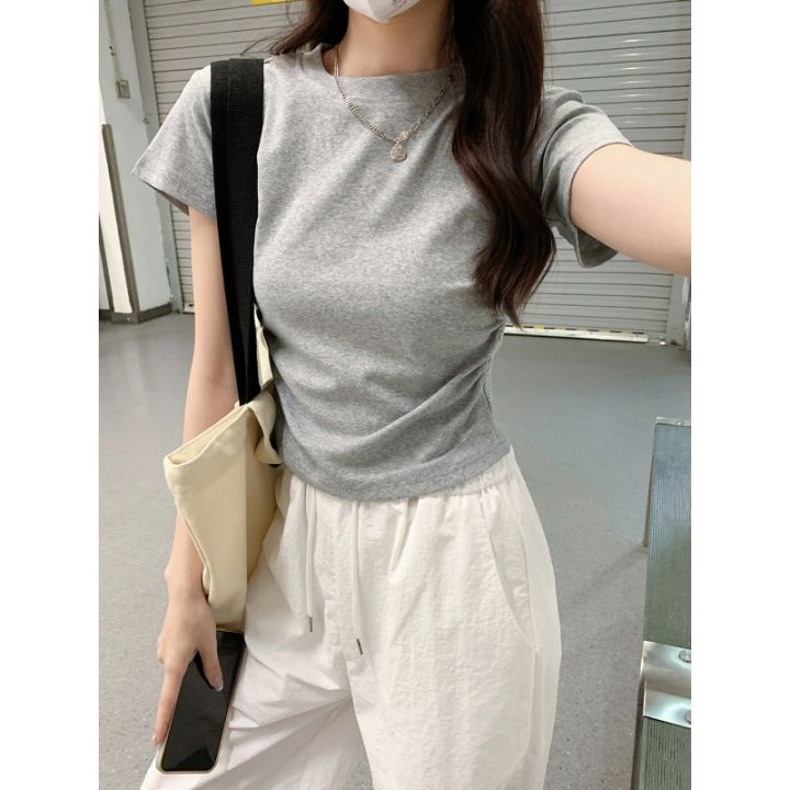 European and American Solid Color Shoulder T T-shirt Short-Sleeved Women's Summer Slim-Fit Chic Short Waist Easy Matching Waisted Gray Top