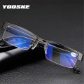 YOOSKE Blue Film Resin Reading Glasses Men Women Metal Half Frame Hyperopia Eyeglasses +1.0 1.52.02.5 3.0 3.5 4.0 Diopter. 