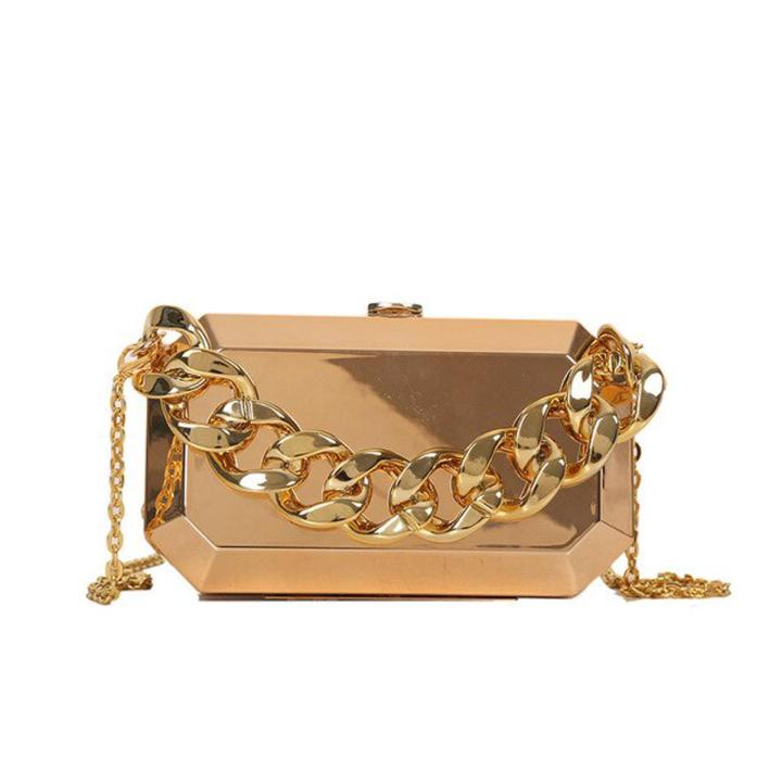 Small Gold Satchel Bag Gold Box Big Chain Party Clutch Evening