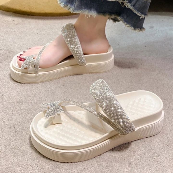 Shiny Crystal Butterfly Flat Heeled Sandals Women 2024 Summer
