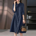 Women Causal Shirt Dress Women Long Sleeve Solid Dresses ZANZEA Fashion Lapel Neck Midi Vestidos Holiday Sundress Oversize.