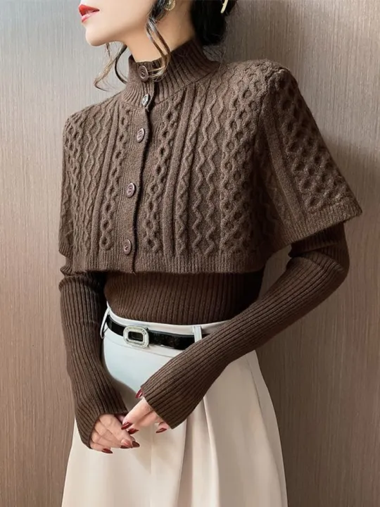 Korean%20Cloak%20Sweater%202%20Piece%20Sets%20Fall%20Winter%20Retro%20Thick%20Mock%20Neck%20Knit%20Cape%20And%20Slim%20V-neck%20Pullover%20Women%20Warm%20Sweaters%20Tops%20-%20Image%206