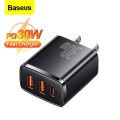 Baseus 30W USB C Compact Quick Charger Support Type C PD Fast Charging Dual USB Port Portable 3 Ports Fast Phone Charger.