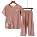 Middle-Aged and Elderly Women's ClothingTSummer Imitation Cotton and Linen Mother's Clothes Two-Piece Suit Mother-in-Law60Years Old70GrandmaTT-shirt Pants. 