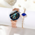 LooKeo Mall Fashion Ocean Heart Glass Face Women's 6pcs Watch Set with Water Diamond Pendant and Steel Band For Personal Use Or Gift Birthday Party. 