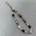 Retro Brown Leopard Cat Bead Phone Chain Elegant Short Wrist Lanyard Decor Bead String Chain Camera Hanging Accessory For Women.