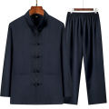 Spring and Autumn Ethnic Style Ancient Chinese Clothing Men's Tang Suit Men's Long-Sleeved Middle-Aged and Elderly Father Grandpa Cotton and Linen Suit60To70Years Old. 