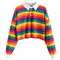 Rainbow Striped Print Short Pullover Hoodie Women's Top Long Sleeve With Button Sweatshirt Casual Turn-down Collar Warm Sweater.