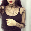 Women Fashion T-Shirts Mesh Sheer Party Long Sleeve Blouses Lady Sheer Fishnet See Through Transparent Top Lace Top Blouse. 