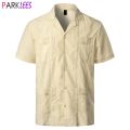 Men's Traditional Cuban Camp Collar Guayabera Shirt Short Sleeve Embroidered Mexican Caribbean Style Beach Shirt with 4 Pocket.