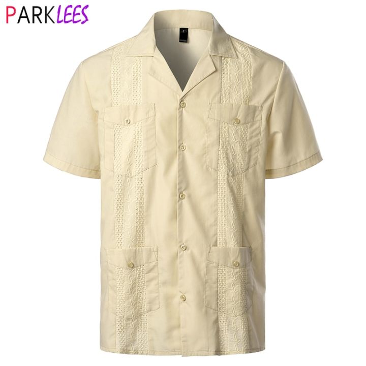 Men's Traditional Cuban Camp Collar Guayabera Shirt Short Sleeve Embroidered Mexican Caribbean Style Beach Shirt with 4 Pocket