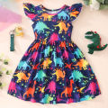 GC Baby Girls Summer Casual Skirt Toddler Fly Sleeve Cartoon Dinosaur Print Dress Round Neck A Line Dresses. 