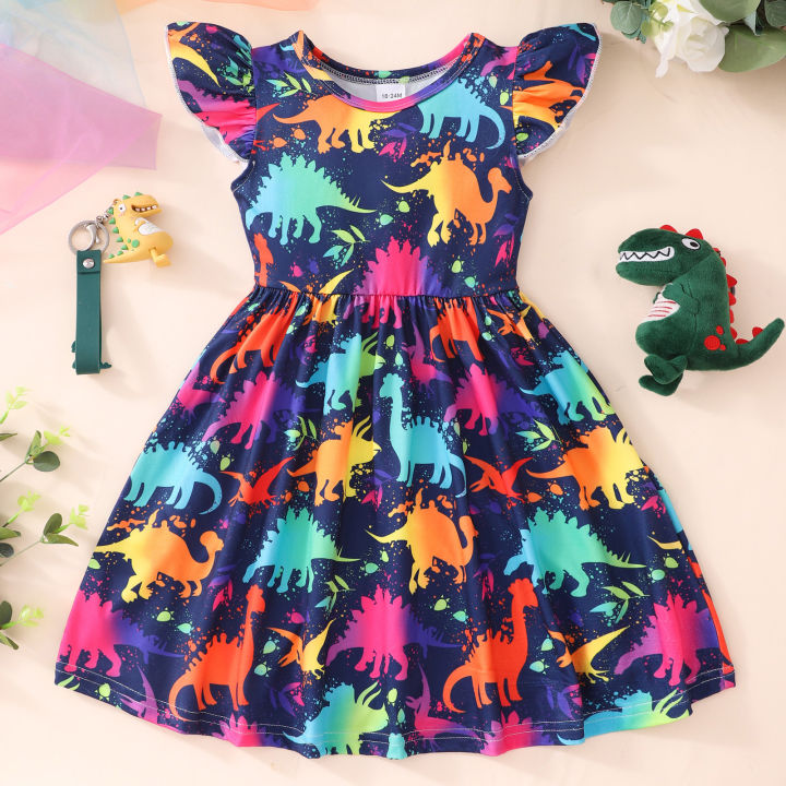GC%20Baby%20Girls%20Summer%20Casual%20Skirt%20Toddler%20Fly%20Sleeve%20Cartoon%20Dinosaur%20Print%20Dress%20Round%20Neck%20A%20Line%20Dresses%20-%20Image%202