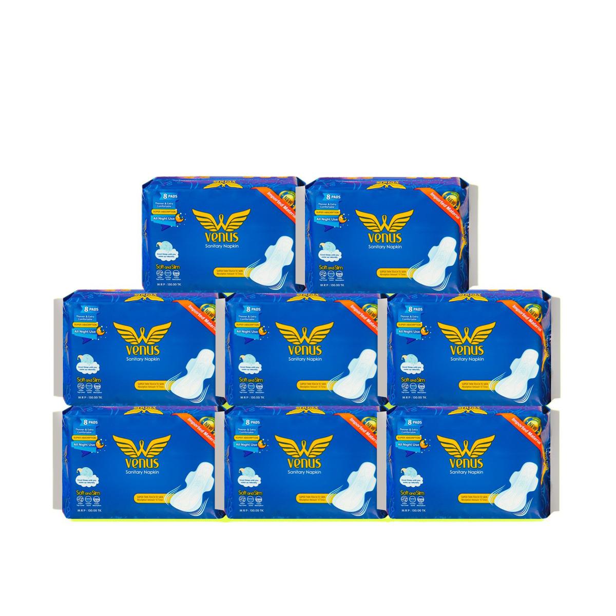 Venus Sanitary Napkin - Wings System - 100% Cotton - 330 MM - Combo of 8 Pack - 64 Pads