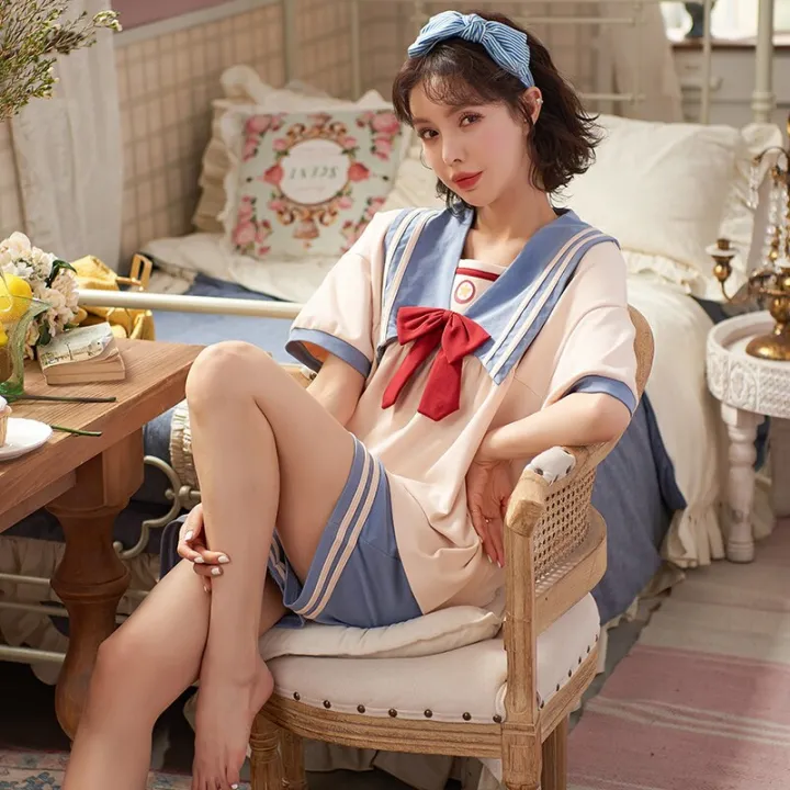 Kawaii%20Jn%20Anime%20Pajamas%20For%20Women%20Cute%20Bows%20Navy%20Collar%20Nightwear%20Summer%20Cotton%20Short%20Sleeve%20Pajamas%20Sets%20Princess%20Sleepwear%20-%20Image%203