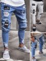 Mens Stretchy Ripped Skinny Embroidered Jeans Men's White Pants Destroyed Hole Slim Fit Denim High Quality Hip Hop Men trousers.