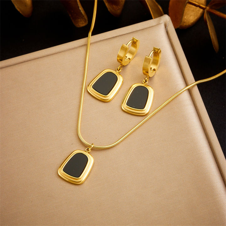 316L Stainless Steel Simple Square Gold Color Pendant Necklace Earring For Women Trendy Korean Jewelry Set Holiday Gift