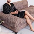 Men Nightgown Long Sleeve Robe Large Size Black Bathrobe Comfortable Sleepwear Imitation Silk with Pockets Waist Belt Home Gown. 