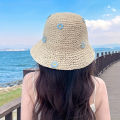 Cute Rustic Straw Sun Hat With Blue Floral Accents, Wide Brim Beach Hat For Women, Summer UV Protection, Fashionable Floppy Hat For Seaside & Outdoor Activities.