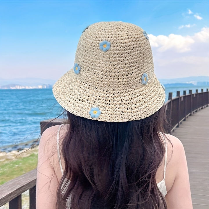 Cute%20Rustic%20Straw%20Sun%20Hat%20With%20Blue%20Floral%20Accents,%20Wide%20Brim%20Beach%20Hat%20For%20Women,%20Summer%20UV%20Protection,%20Fashionable%20Floppy%20Hat%20For%20Seaside%20&%20Outdoor%20Activities%20-%20Image%203