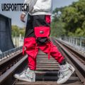 Spring Hop Red Mens Joggers Pants Fashion Casual Male Harem Cargo Pants Multi-pocket Ribbons Man Sweatpants Streetwear. 