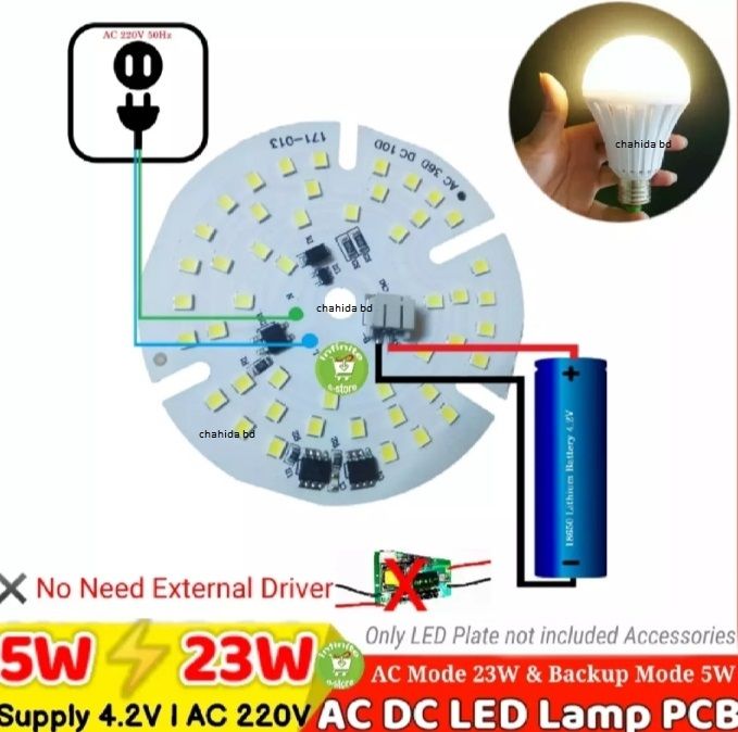 Rechargeable LED lamp Plate 5V 5W 220V 15W AC DC Backup Lamp Plate with Battery Charging No Need Driver Using 18650 Battery