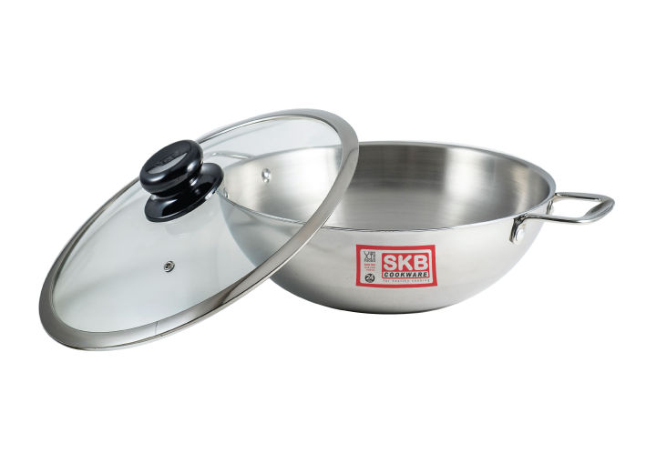 SKB SuS304 Food grade Stainless steel 3 Layer Wok With Glass Lid