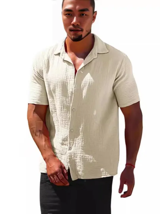 2024%20Summer%20Hot%20Selling%20Lapel%20Solid%20Color%20Short%20Sleeve%20Button%20Loose%20Breathable%20Sweat%20Absorption%20Men%20Casual%20Shirt%20Men%20-%20Image%204