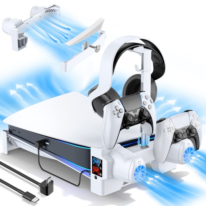 for PS5 Horizontal Cooling Stand with 3-Level Fans PS5 Controller Charging Station with Headset Holder for Playstation 5