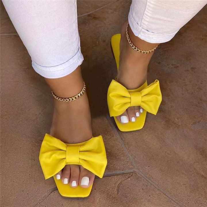 Cross-border 2020 new European and American summer square toe flat bottom straight bow solid color bow women's sandals in stock