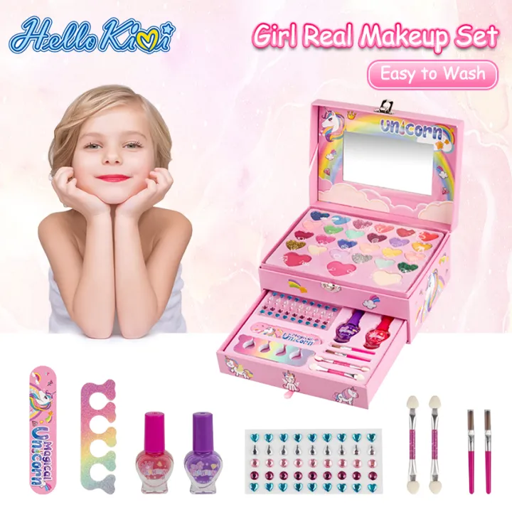 HelloKimi Kids Makeup Kit for Girl Children's Makeup Set Girl Real Makeup Washable Cosmetics Kit Little Girls Make Up Toy Non Toxic Cosmetics Play Set Beauty Toy with Cosmetic Case