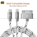 EliteSoft High Speed 100 cm 3 in 1 Multiple USB Charging Cable with 8 Pin Lighting/30 Pin/Micro USB Connector for iPhone 7, 6, 5, 4,3, iPad 4,3,2,Air, iPod, Galaxy S3/S4/S5/S6/S7 Edge, LG, HTC and More-Grey.