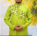 Semi-Long Men's Cotton Yellow Panjabi - Comfortable and Suitable for All Seasons and Occasions. 