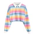 Rainbow Striped Print Short Pullover Hoodie Women's Top Long Sleeve With Button Sweatshirt Casual Turn-down Collar Warm Sweater.