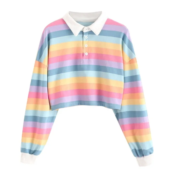 Rainbow%20Striped%20Print%20Short%20Pullover%20Hoodie%20Women's%20Top%20Long%20Sleeve%20With%20Button%20Sweatshirt%20Casual%20Turn-down%20Collar%20Warm%20Sweater%20-%20Image%204