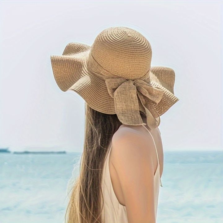 2Pcs/Set Womens Beach Hat Ladies' Khaki Wave Beach Sun Hat And