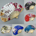 1pc Japanese Style Retro Shell Shaped Fan Silk Cloth Bamboo Folding Fans Wedding Hand Fans Single-side Flower Curved Fanbone. 