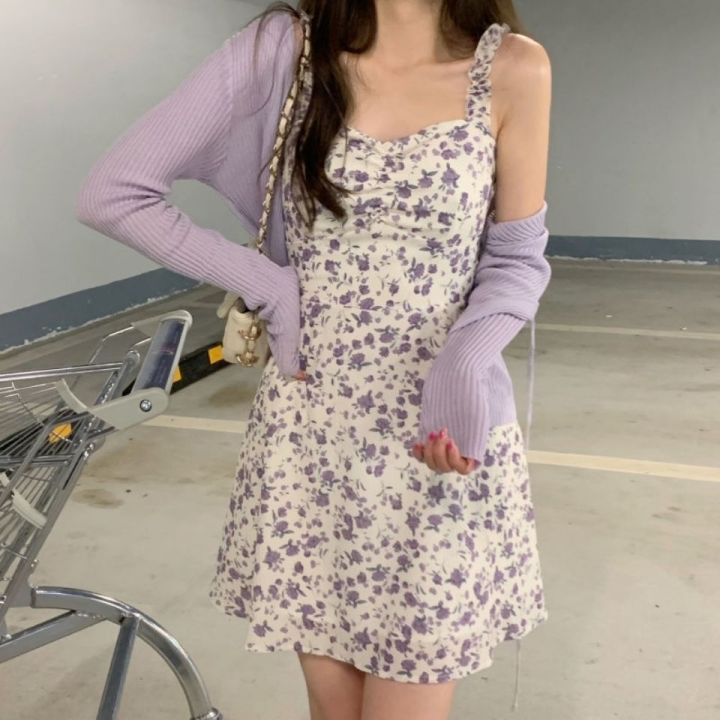 First love style floral slip dress set women's autumn new versatile thin sunscreen shawl cardigan two-piece set