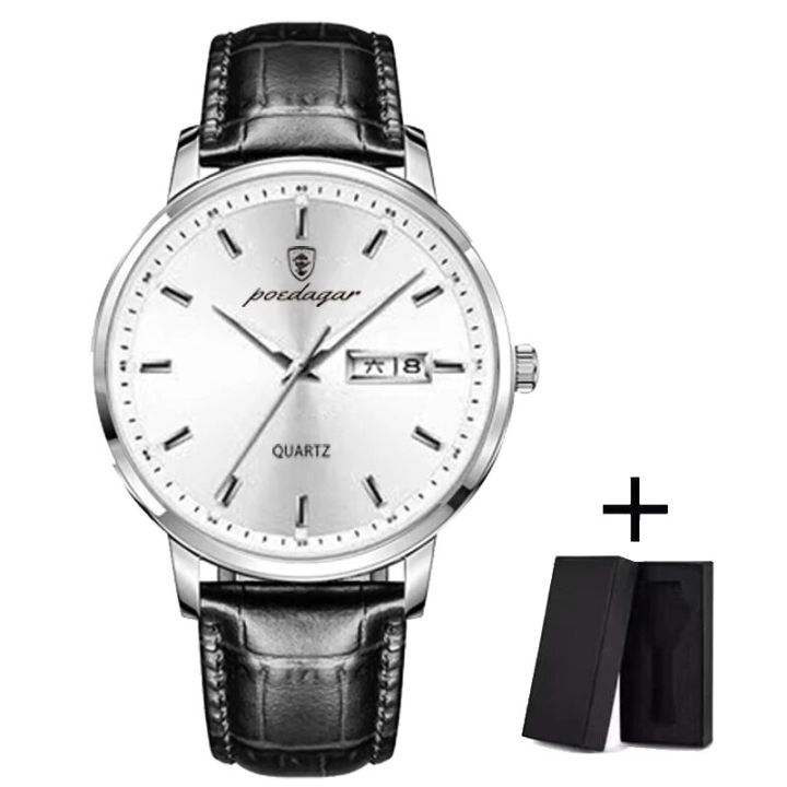 Fopul mall POEDAGAR Men's Luxury Quartz Wristwatch: Fashionable, Waterproof, Luminous, High Quality Leather Strap, Week/Date Display