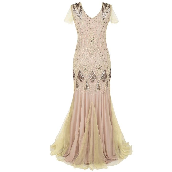 Women%201920s%20Great%20Gatsby%20Dress%20Long%2020s%20Flapper%20Dress%20Vintage%20V%20Neck%20Sequins%20Beads%20Maxi%20Party%20Dress%20Mesh%20Prom%20Gown%20Elegant%20Dress%20-%20Image%204