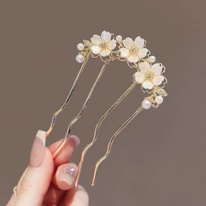 High-End Forest Style Ins Style Pearl Flower Wavy Hair Comb Insert Comb Four-Tooth Hair Comb Hairpin Hairp