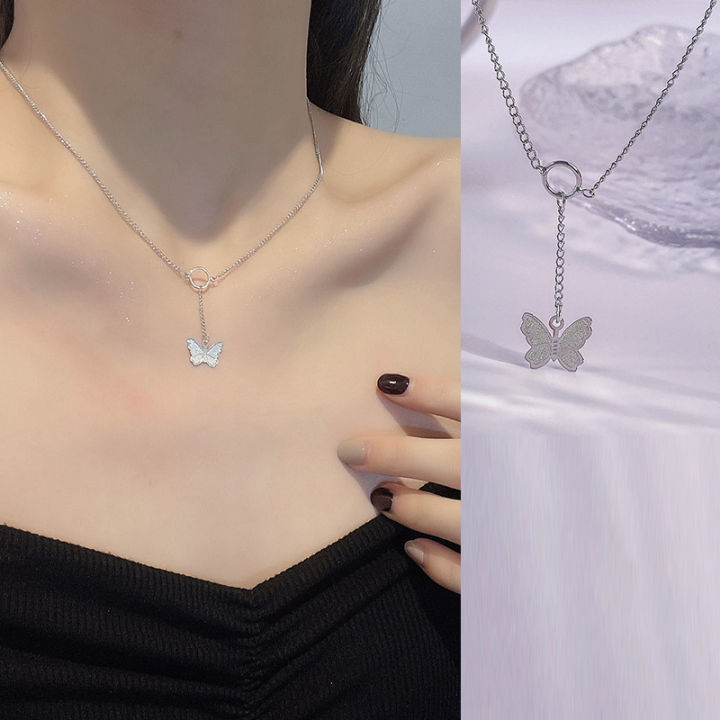 We Flower Korean Fashion Silver Shiny Zircon Bow Pendant Necklace For Women Girls Chic Lovely Butterfly Clavicle Chain Necklace Jewelry Gift