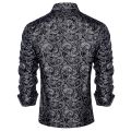 Luxury Silk Shirts for Men Black Silver Paisley Wedding Prom Party Button Down Collar Dress Shirt Blose Men Clothing.