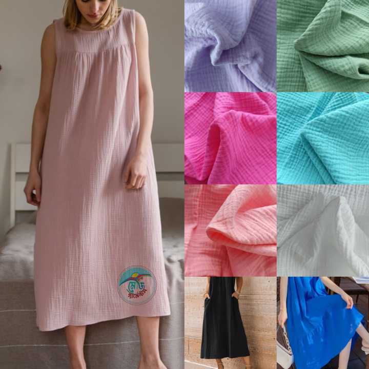 Women's Fashaionable Organic Cotton Dress Crepe Pink Sleeveless Extra Long Dress